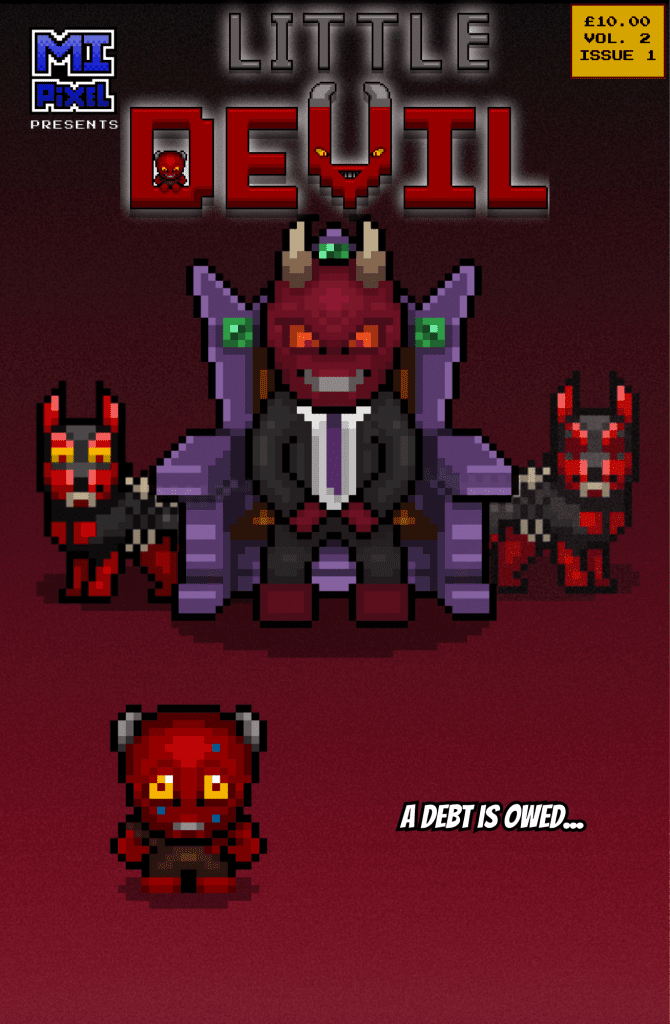 Little Devil looks up nervously at Pride, a large imposing demon seated on a throne flanked by imps, on the cover of Little Devil Vol. 2 Issue 1