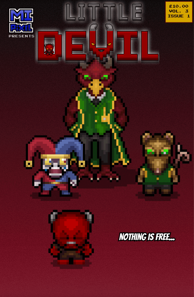 Little Devil faces the reader with eyes closed and a frustrated frown as Greed looms behind him flanked by Penny and a panicking Jester, on the cover of Little Devil Vol. 3 Issue 1