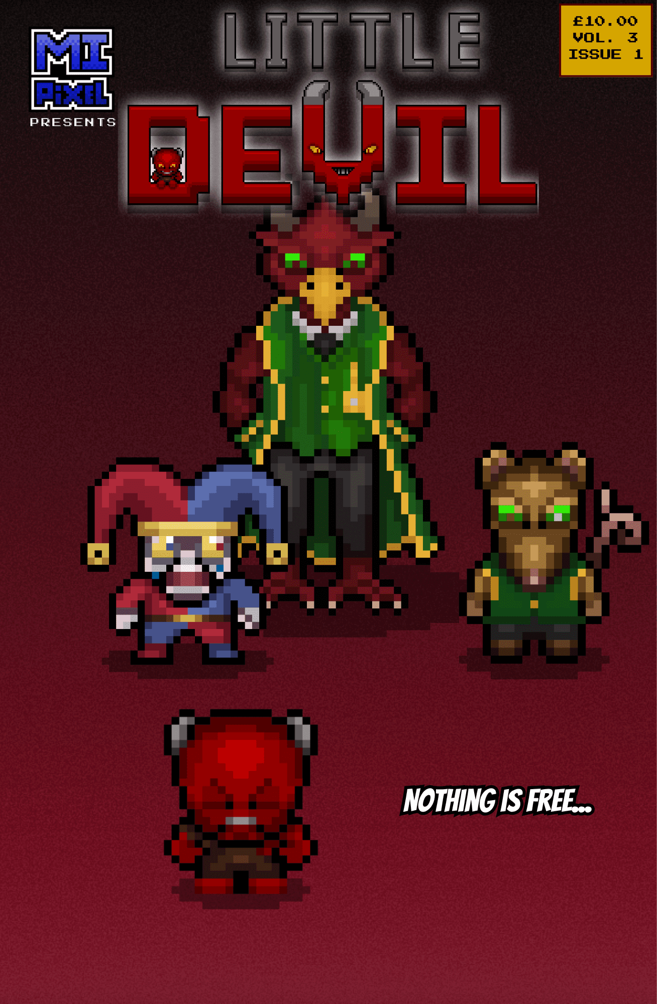 Little Devil faces the reader with eyes closed and a frustrated frown as Greed looms behind him flanked by Penny and a panicking Jester, on the cover of Little Devil Vol. 3 Issue 1