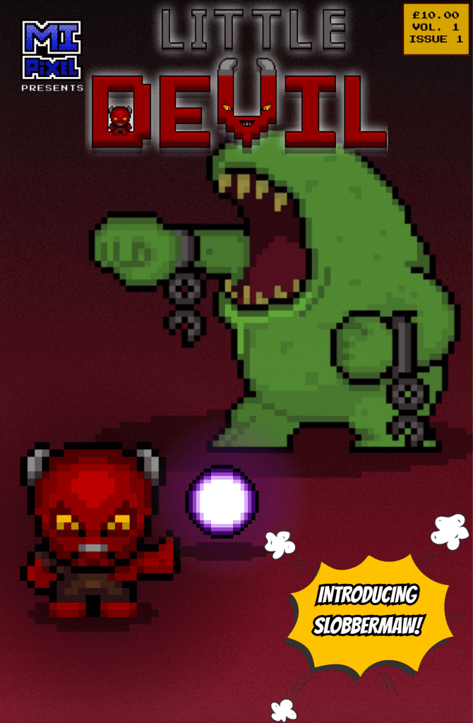 Little Devil faces off against Slobbermaw, a massive green pixel art monster, on the cover of Little Devil Vol. 1 Issue 1 by MI Pixel