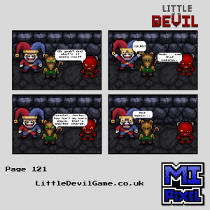 Little Devil webcomic page 121 - The Jester shouts COINS and gets charged by Penny for hurting her ears