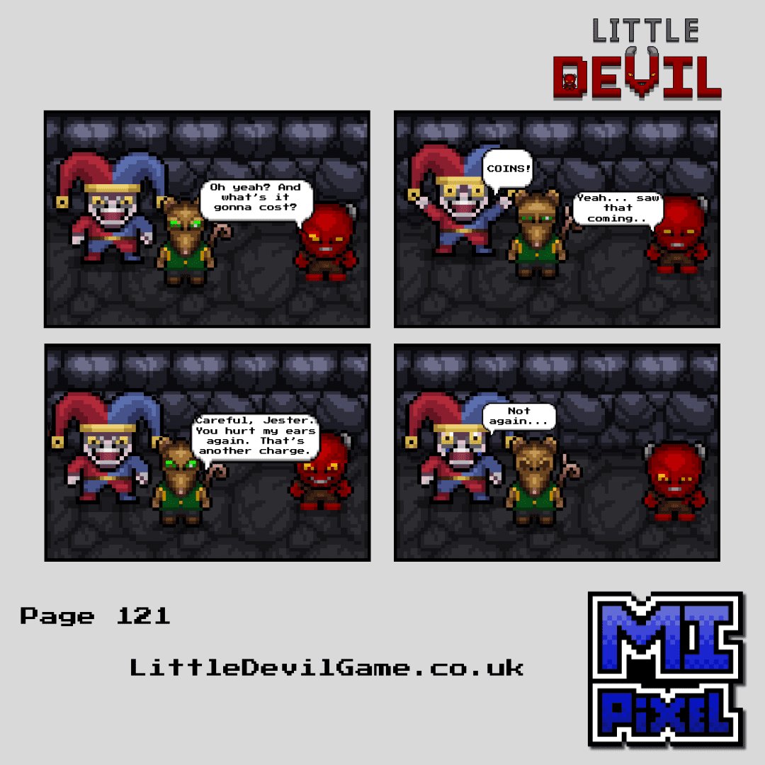 Little Devil webcomic page 121 - The Jester shouts COINS and gets charged by Penny for hurting her ears