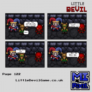 Little Devil webcomic page 122 - Little Devil asks who set up Greed's charging system while the Jester cheerfully pays Penny
