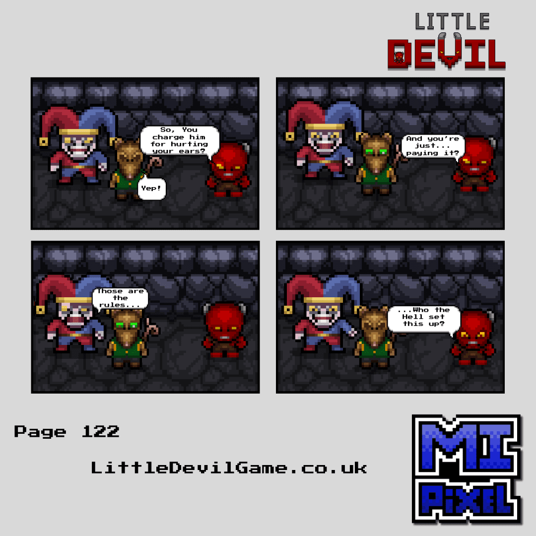 Little Devil webcomic page 122 - Little Devil asks who set up Greed's charging system while the Jester cheerfully pays Penny