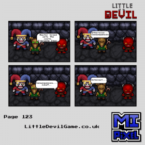 Little Devil webcomic page 123 - Penny explains Master Greed sets all costs and consequences include interest while the Jester listens