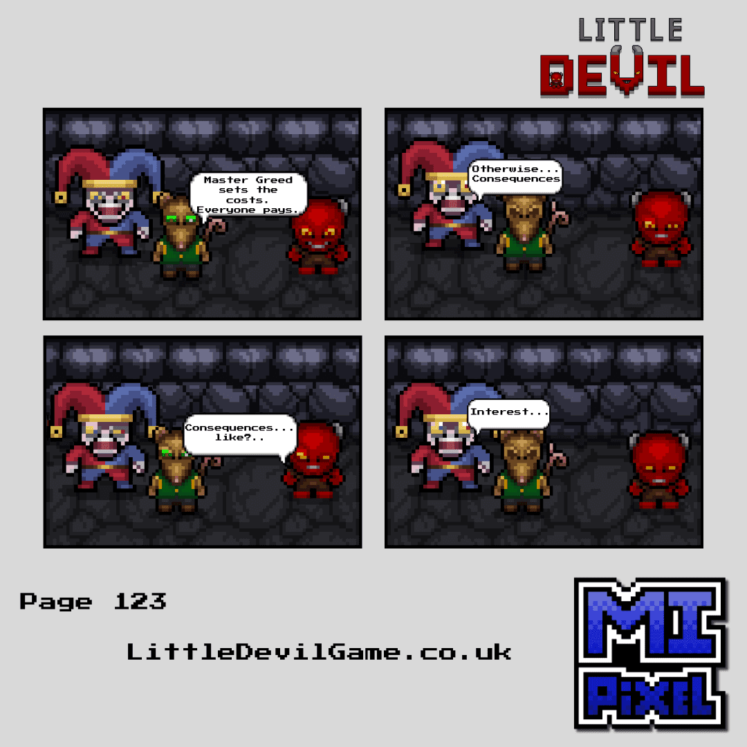 Little Devil webcomic page 123 - Penny explains Master Greed sets all costs and consequences include interest while the Jester listens