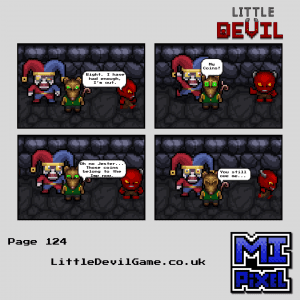 Little Devil webcomic page 124 - Little Devil walks out, the Jester protests about his coins, Penny reassigns them as payment and says the Jester still owes her