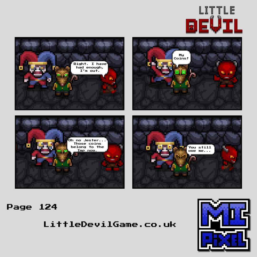 Little Devil webcomic page 124 - Little Devil walks out, the Jester protests about his coins, Penny reassigns them as payment and says the Jester still owes her