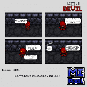 Little Devil webcomic page 125 - Little Devil walks alone reflecting on coins and Hell's bizarre rules after escaping Penny and the Jester