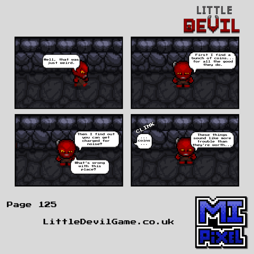 Little Devil webcomic page 125 - Little Devil walks alone reflecting on coins and Hell's bizarre rules after escaping Penny and the Jester