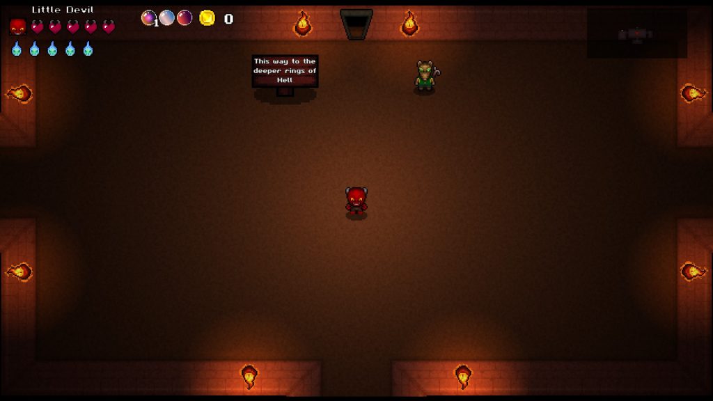 Little Devil Vestibule starting area showing the player character in the starting room with interactables visible