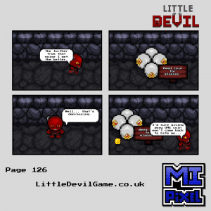 Little Devil webcomic page 126 - Little Devil discovers something in the corridor and decides to donate a coin certain it won't cause problems