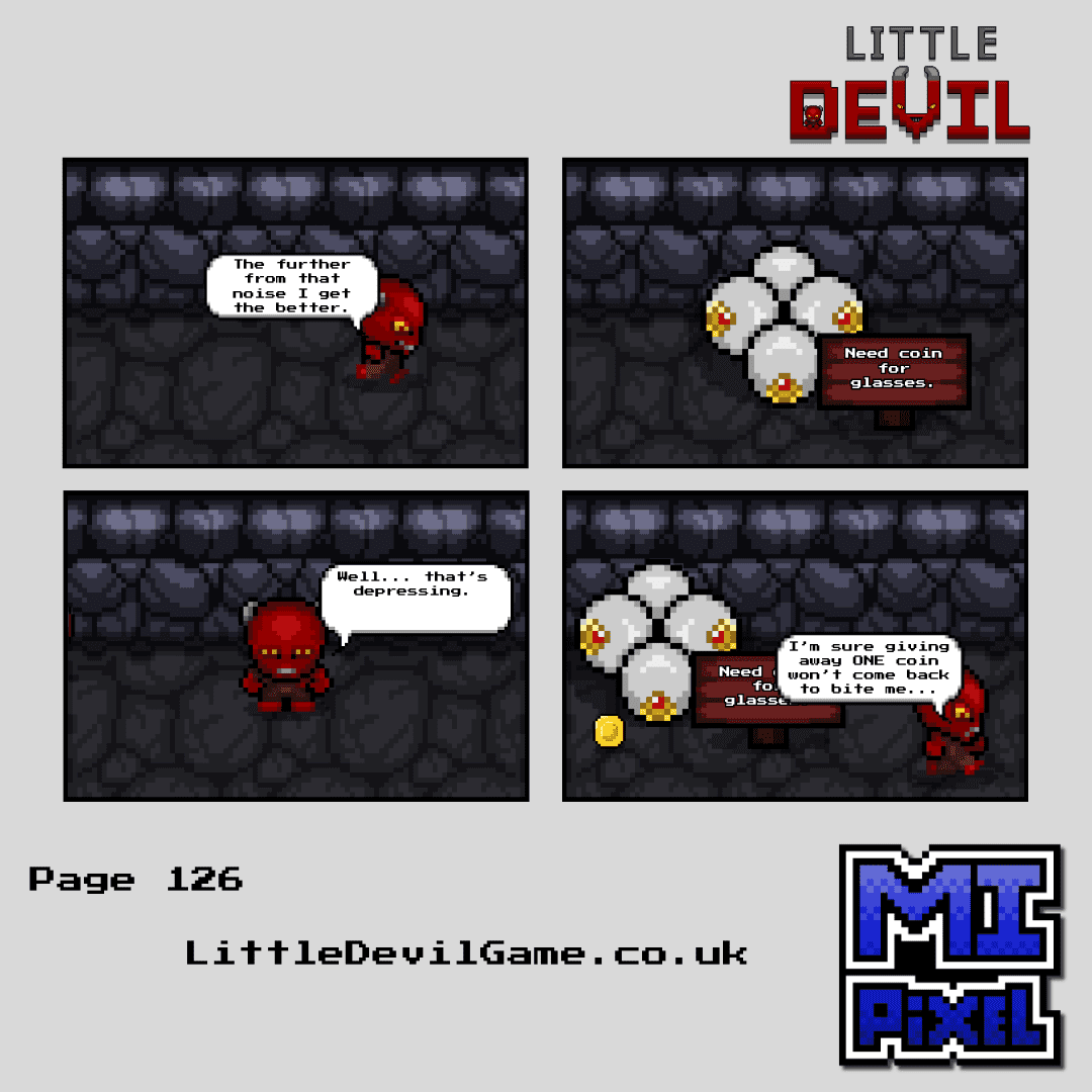 Little Devil webcomic page 126 - Little Devil discovers something in the corridor and decides to donate a coin certain it won't cause problems