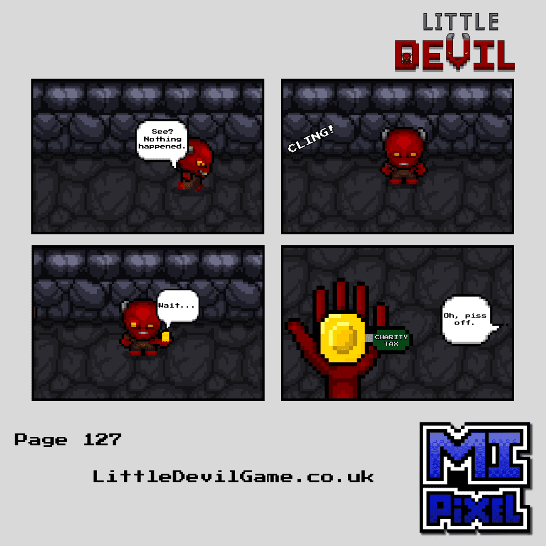Little Devil webcomic page 127 - Little Devil donates a coin and immediately gets charged a charity tax