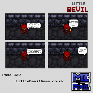 Little Devil webcomic page 129 - Little Devil declares he is not having the charity tax and demands someone explain it, only to be told that'll cost extra