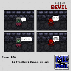 Little Devil webcomic page 130 - Little Devil meets a new character with a TV for a head who claims to have a familiar face