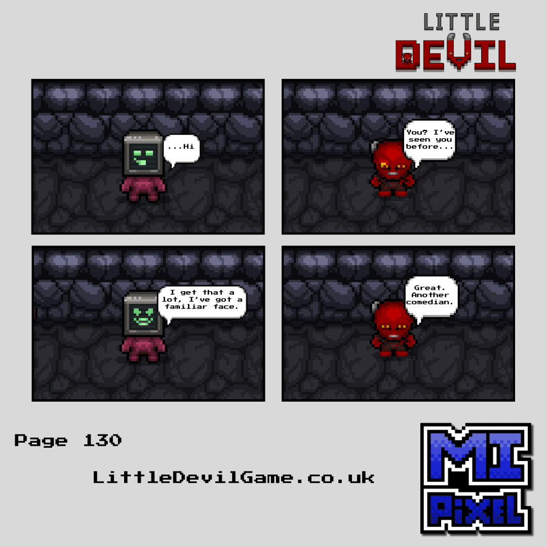 Little Devil webcomic page 130 - Little Devil meets a new character with a TV for a head who claims to have a familiar face