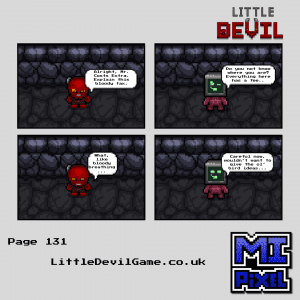 Little Devil webcomic page 131 - Little Devil confronts the monitor-headed character about Hell's fees and gets an ominous warning in return