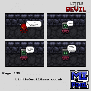 Little Devil webcomic page 132 - Little Devil learns from the monitor-headed stranger that Penny is not the boss of Greed's operation