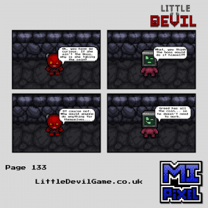 Little Devil webcomic page 133 - The monitor-headed stranger explains that Greed has all the coin so he doesn't need to work himself