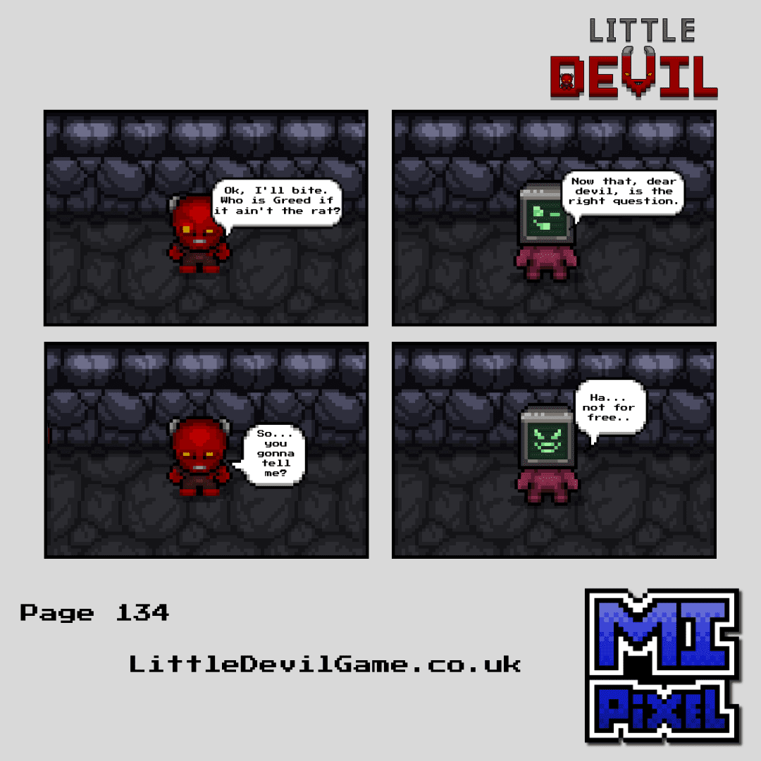 Little Devil webcomic page 134 - Little Devil asks who Greed really is and the monitor-headed stranger says the information is not for free