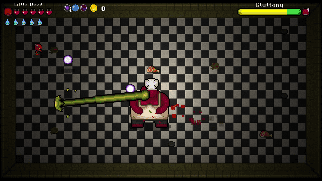 Little Devil Gluttony boss Phase 1 puke attack with food minion summons visible in the arena
