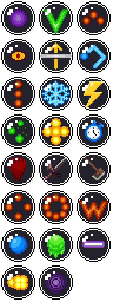 Little Devil Stackable weapon pickup icons with black backing showing all twenty-two weapons available in v0.0.2 including nine new additions