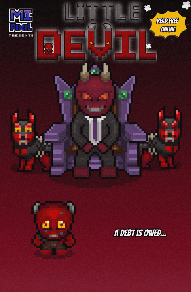 Little Devil looks up nervously at Pride, a large imposing demon seated on a throne flanked by imps, on the cover of Little Devil Vol. 2 Issue 1