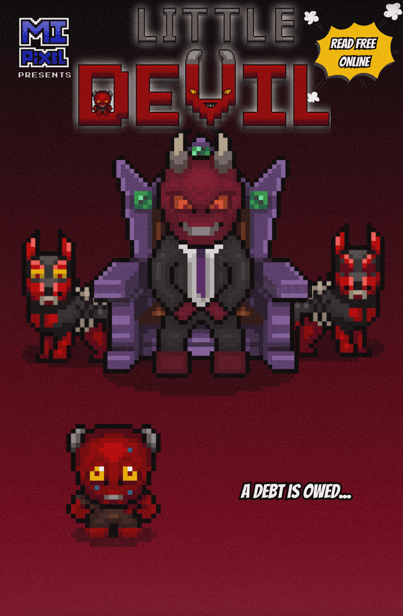 Little Devil looks up nervously at Pride, a large imposing demon seated on a throne flanked by imps, on the cover of Little Devil Vol. 2 Issue 1