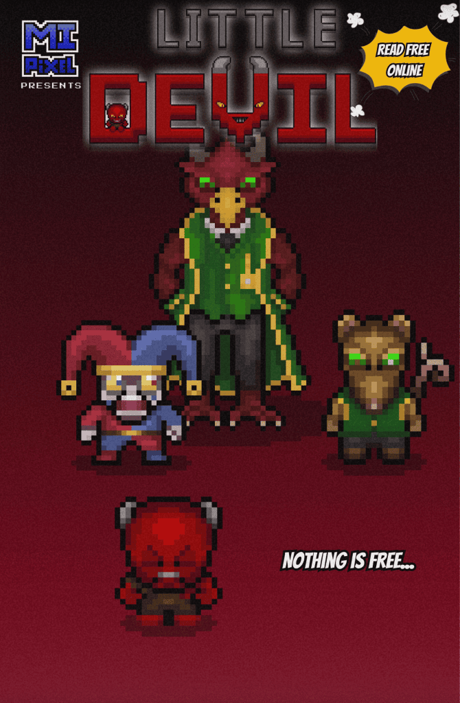 Little Devil stands with his back turned as Greed, the Jester, and Penny loom behind him on the cover of Little Devil Vol. 3 by MI Pixel