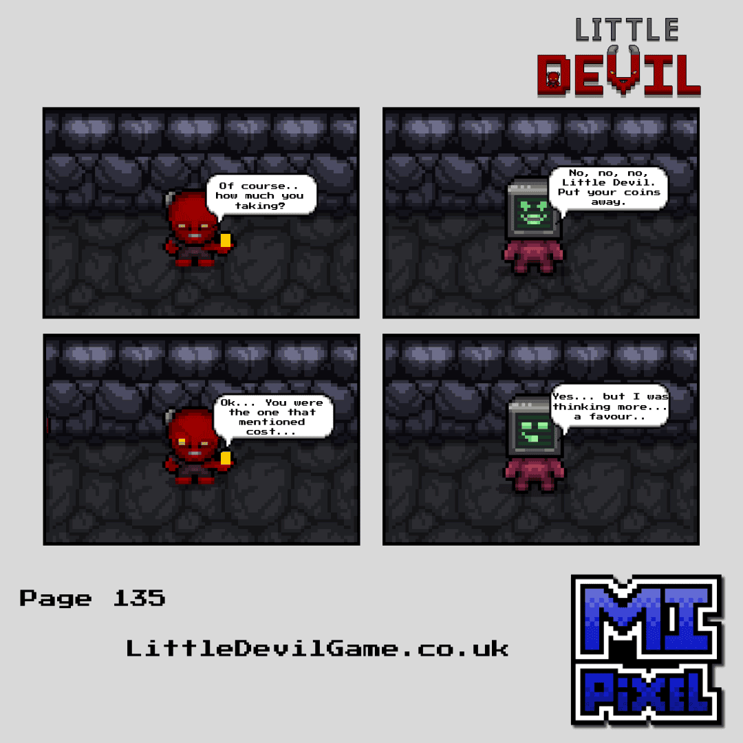 Little Devil webcomic page 135 - PAL Demon refuses Little Devil's coins and instead asks for a favour in return for information