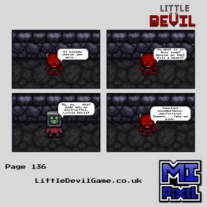 Little Devil webcomic page 136 - PAL Demon asks Little Devil why he is so distrustful and gets a very honest answer about Hell's management