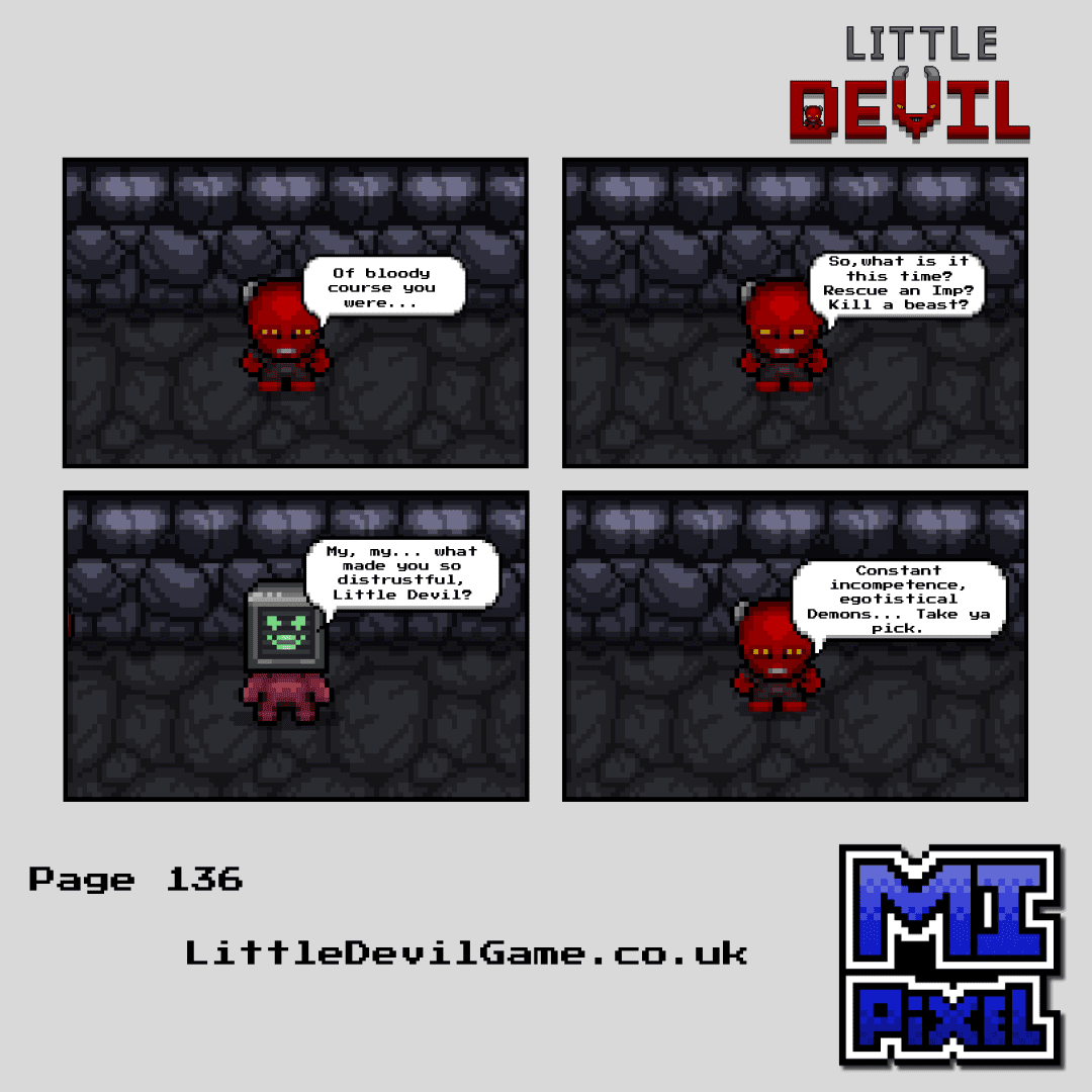 Little Devil webcomic page 136 - PAL Demon asks Little Devil why he is so distrustful and gets a very honest answer about Hell's management
