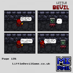 Little Devil webcomic page 138 - Little Devil gives up arguing about coins and asks PAL Demon to just show him where he needs to go