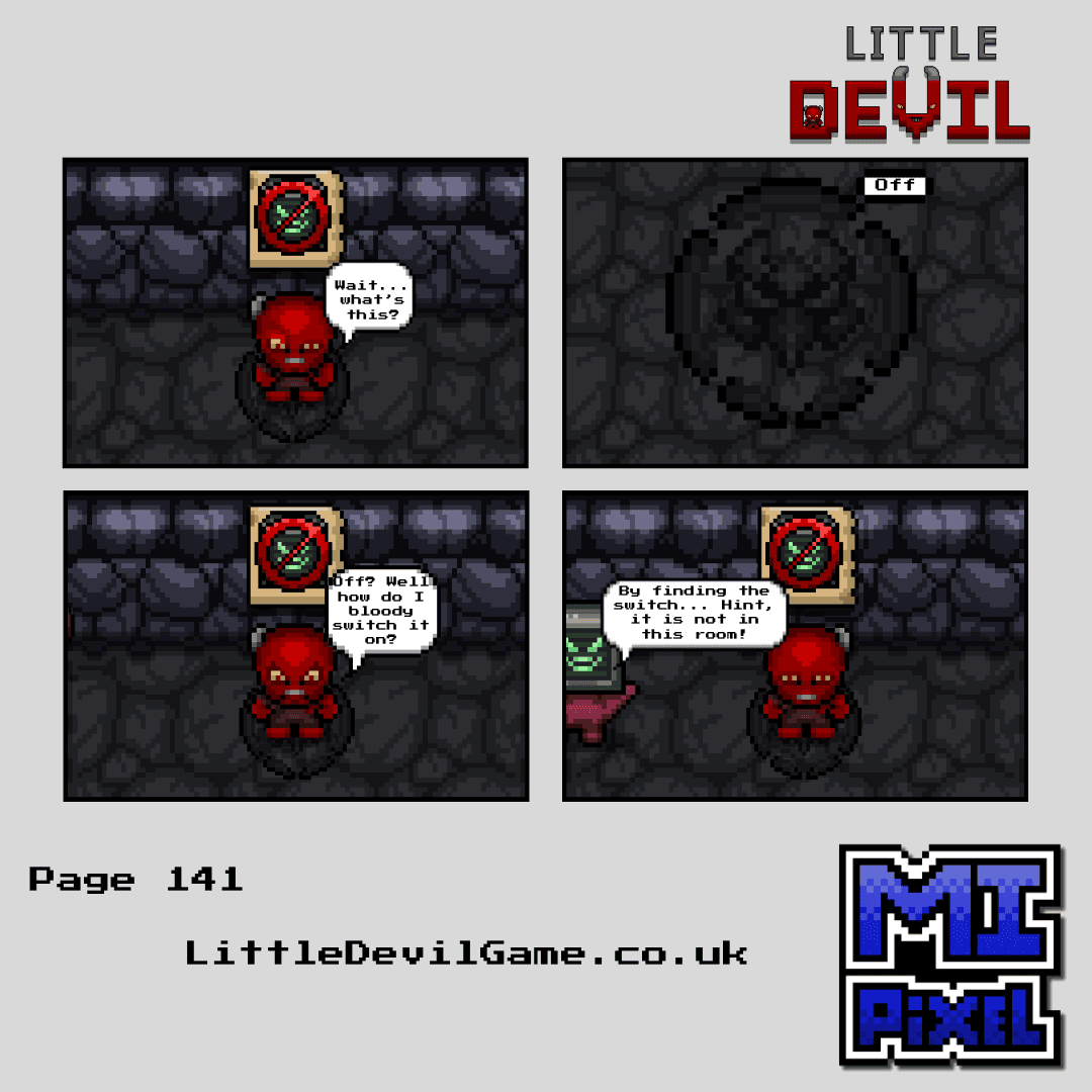 Little Devil webcomic page 141 - Little Devil discovers the teleporter is off and PAL Demon reveals the switch needed to activate it is not in this room