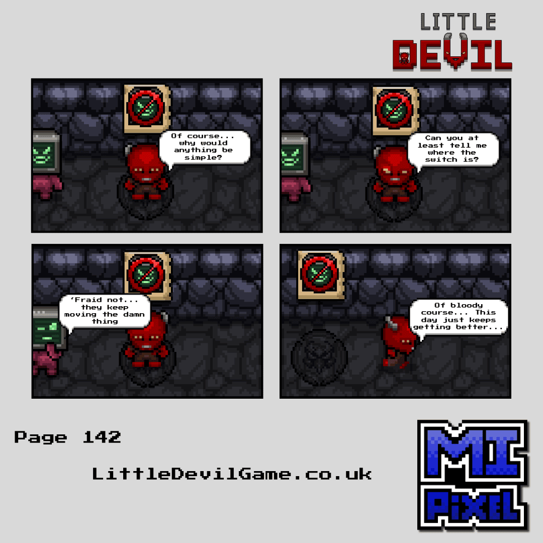 Little Devil webcomic page 142 - Little Devil learns the switch location keeps changing while PAL Demon confirms they keep moving it