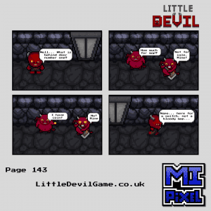 Little Devil webcomic page 143 - Little Devil opens a door and encounters a small demon fiercely refusing to sell his mop