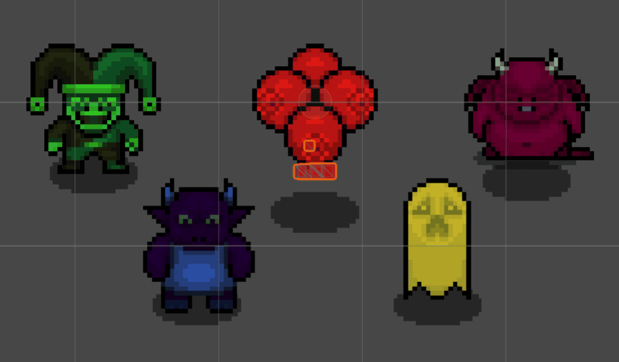 Five enemies in Little Devil showing different status effects, Poisoned Jester, Bleeding Looky Liu, Frozen Fat Imp, Slowed Hellhound and Electrified Ghost