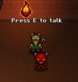 Penny the shopkeeper in Little Devil with an on screen prompt to press the interact button