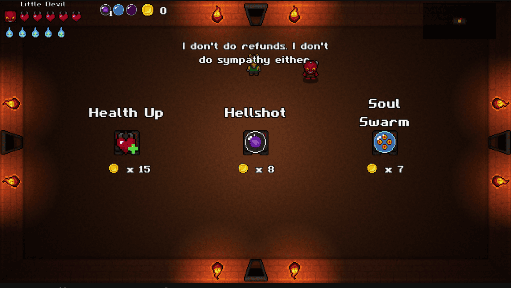 Penny's shop in Little Devil June 2026 update, showing three random items for sale on a dungeon floor