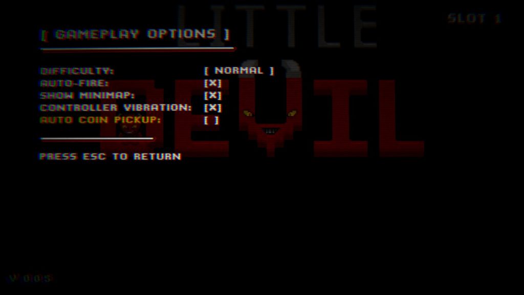 Little Devil Gameplay Options menu showing the new Auto Coin Pickup toggle, unticked by default, alongside Difficulty, Auto-Fire, Show Minimap and Controller Vibration settings