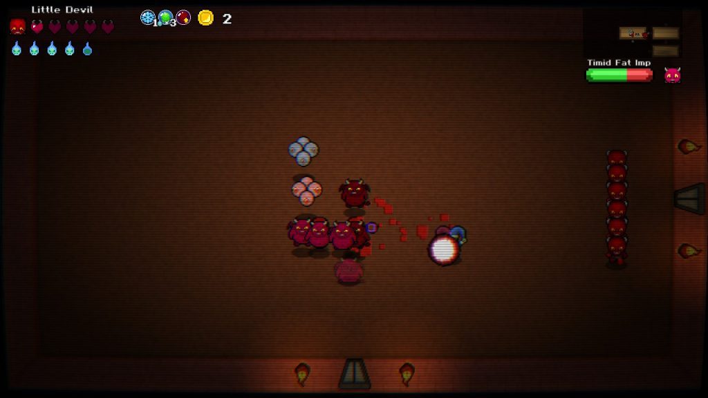 Little Devil gameplay showing the reworked dash, with a Timid Fat Imp variant visible and an afterimage trail behind the player