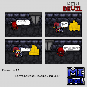 Little Devil webcomic page 144 - Little Devil opens door two to find the Jester surrounded by coins and struggling to count past two