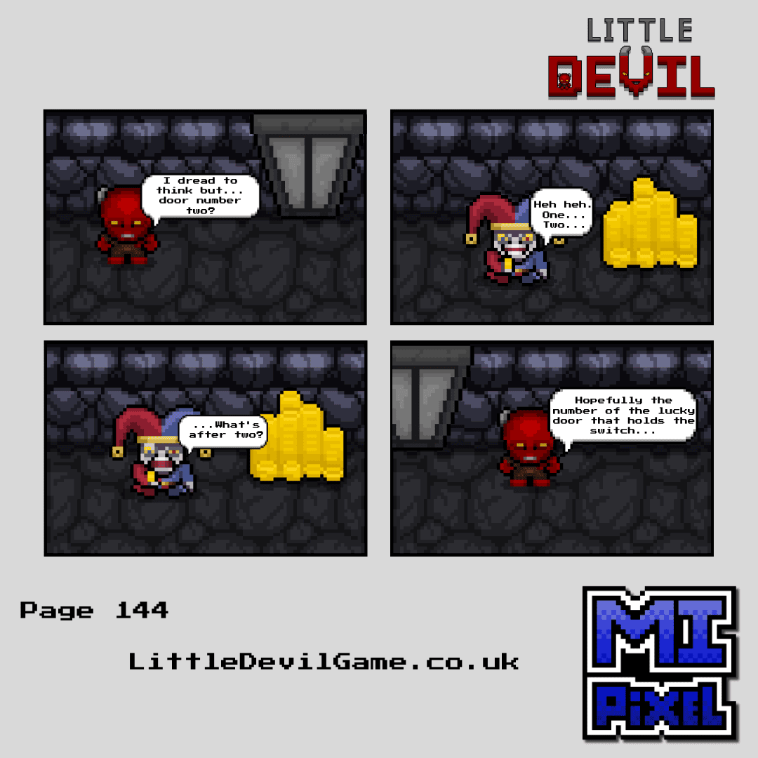 Little Devil webcomic page 144 - Little Devil opens door two to find the Jester surrounded by coins and struggling to count past two