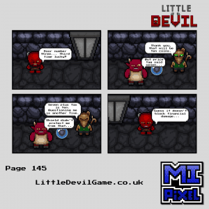 Little Devil webcomic page 145 - Little Devil finds a shield behind door three but Penny charges him well above the listed price for it