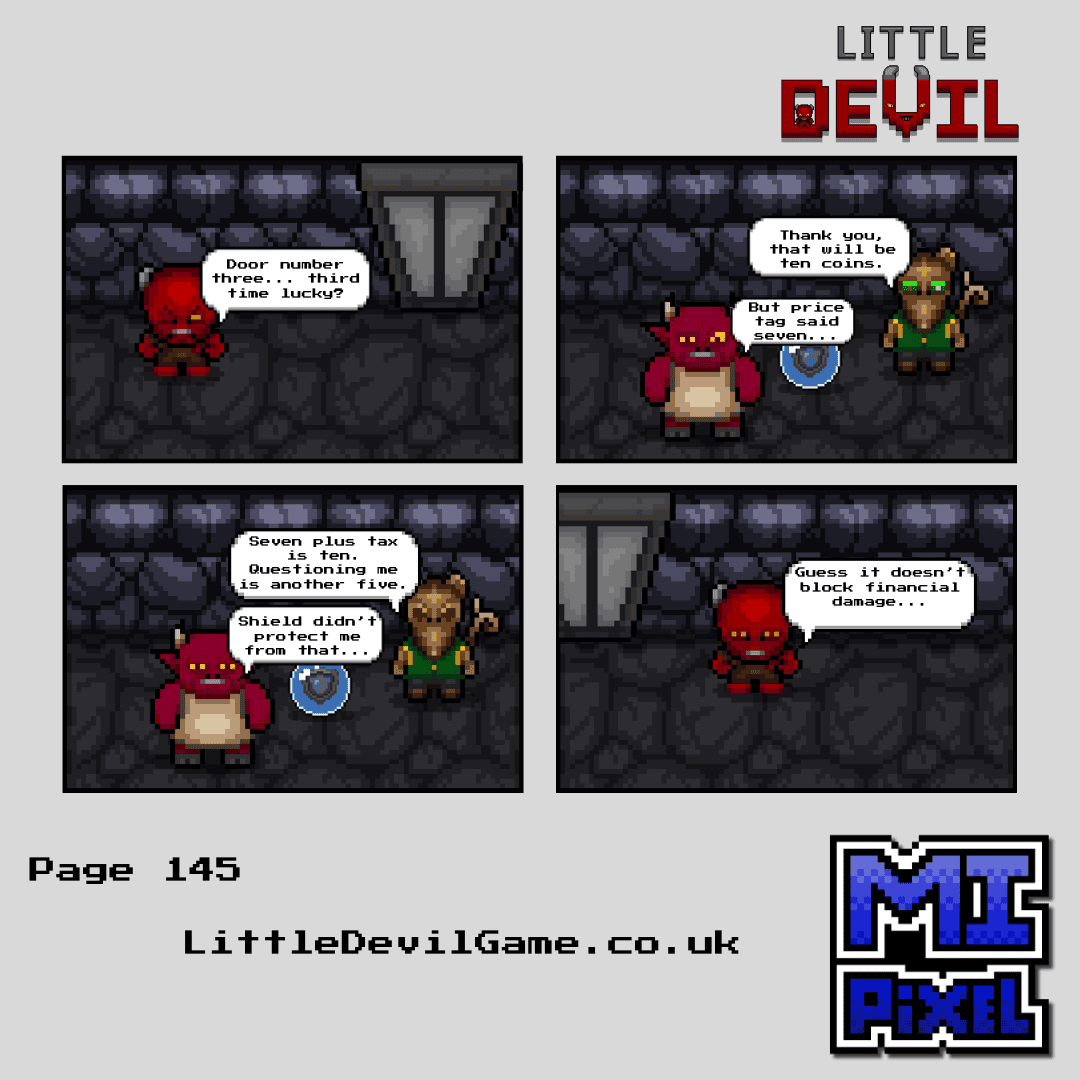Little Devil webcomic page 145 - Little Devil finds a shield behind door three but Penny charges him well above the listed price for it