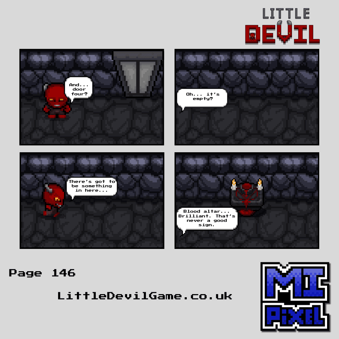 Little Devil webcomic page 146 - Little Devil opens door four to find a blood altar with candles and reacts with resigned concern
