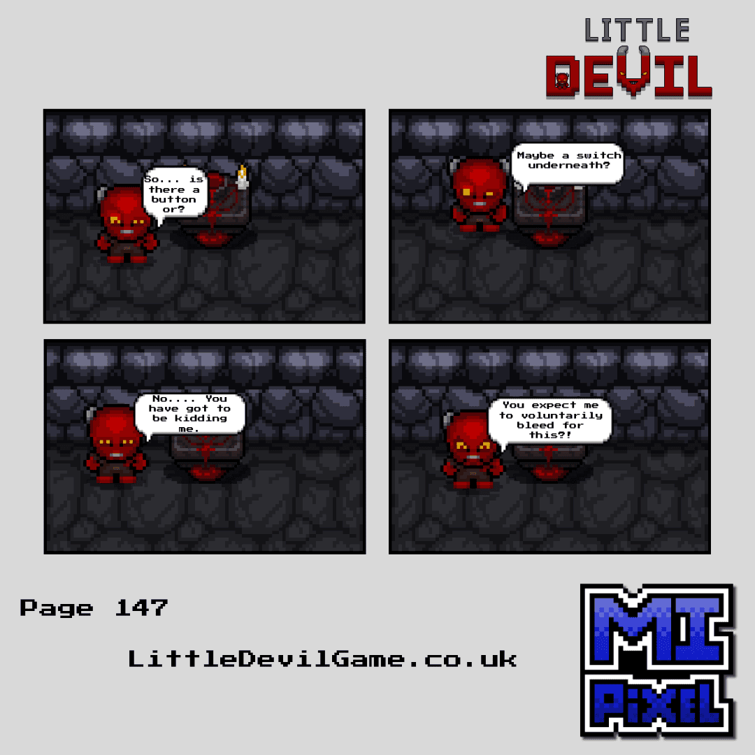 Little Devil webcomic page 147 - Little Devil inspects a blood altar and reacts with outrage at what it appears to require from him