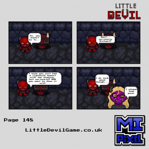 Little Devil webcomic page 148 - Little Devil breaks the fourth wall questioning the timing of new shading before Lust appears looking stunning