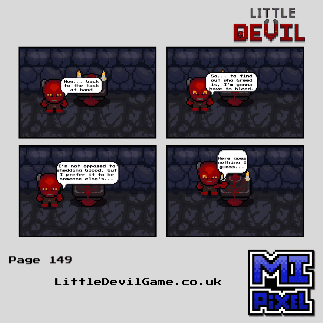 Little Devil webcomic page 149 - Little Devil reluctantly decides to use the blood altar despite strong personal objections to the concept